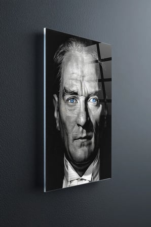 Atatürk Siyah Beyaz Kırılmaz Cam Tablo - Mustafa Kemal Portre Temperli Duvar Dekorasyonu Klasik Yatak Odası Salon Antre UV Baskılı