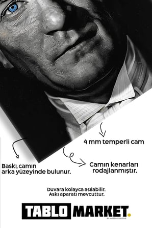 Atatürk Siyah Beyaz Kırılmaz Cam Tablo - Mustafa Kemal Portre Temperli Duvar Dekorasyonu Klasik Yatak Odası Salon Antre UV Baskılı