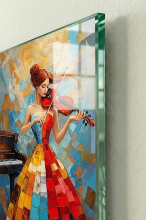 Kırılmaz Cam Tablo 5mm (Kalın) - Ev İşyeri Duvar Dekorasyonu - Soyut KEMANLI KADIN Tasarımı - Müzik Sanat Portre Zarif Salon Ofis Temperli UV Baskı Hediyelik Şık