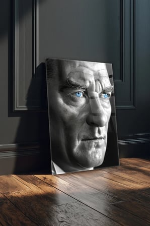 Atatürk Siyah Beyaz Kırılmaz Cam Tablo - Mustafa Kemal Portre Temperli Duvar Dekorasyonu Klasik Yatak Odası Salon Antre UV Baskılı