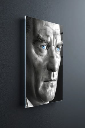 Atatürk Siyah Beyaz Kırılmaz Cam Tablo - Mustafa Kemal Portre Temperli Duvar Dekorasyonu Klasik Yatak Odası Salon Antre UV Baskılı