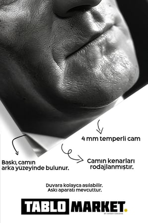 Atatürk Siyah Beyaz Kırılmaz Cam Tablo - Mustafa Kemal Portre Temperli Duvar Dekorasyonu Klasik Yatak Odası Salon Antre UV Baskılı