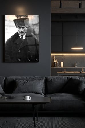 Atatürk Siyah Beyaz Kırılmaz Cam Tablo - Mustafa Kemal Portre Temperli Duvar Dekorasyonu Klasik Yatak Odası Salon Antre UV Baskılı
