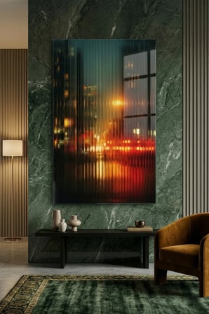 Kırılmaz Cam Tablo 5mm (Kalın) - Ev İşyeri Duvar Dekorasyonu – Soyut BİNA Tasarımlar (DİKEY) - Mimari Şehir Silüet Renkli Yatak Odası Salon Antre Temperli UV Baskılı