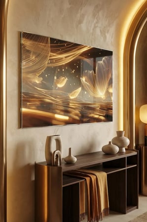 Kırılmaz Cam Tablo 5mm (Kalın) - Ev İşyeri Duvar Dekorasyonu - MODERN GOLD Tasarımlar (YATAY) - Altın Sarısı Lüks Zarif Parlak Yatak Odası Salon Antre Temperli UV Baskılı