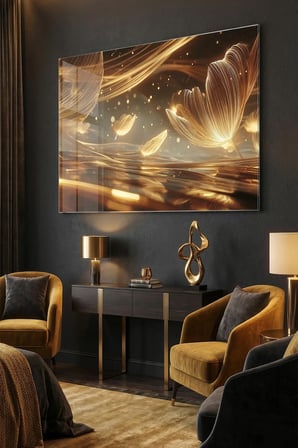 Kırılmaz Cam Tablo 5mm (Kalın) - Ev İşyeri Duvar Dekorasyonu - MODERN GOLD Tasarımlar (YATAY) - Altın Sarısı Lüks Zarif Parlak Yatak Odası Salon Antre Temperli UV Baskılı