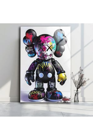 Kaws Soyut Asılmaya Cam Tablo | Dekoratif Duvar Tablosu | Canlı Renkli Baskı | Mutfak ve Yemek Alanı | Doğum Günü Hediyesi | 4mm Kırılmaz Cam