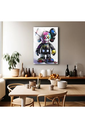 Kaws Soyut Asılmaya Cam Tablo | Dekoratif Duvar Tablosu | Canlı Renkli Baskı | Mutfak ve Yemek Alanı | Doğum Günü Hediyesi | 4mm Kırılmaz Cam