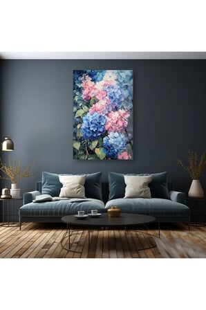 Ortanca Çiçeği Asılmaya Cam Tablo | Modern Duvar Dekoru | Canlı Renkli Baskı | Ofis ve Çalışma Odası | Yeni Ev Hediyesi | 4mm Kırılmaz Cam