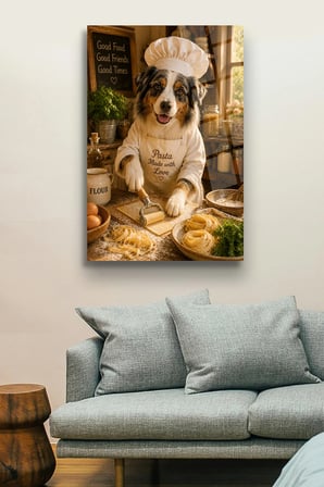 Aşçı Köpek Cam Tablo | Modern Duvar Dekoru | Canlı Renkli Baskı | Ofis ve Çalışma Odası | Yeni Ev Hediyesi | 4mm Kırılmaz Cam | Mutfak ve Yemek Alanı