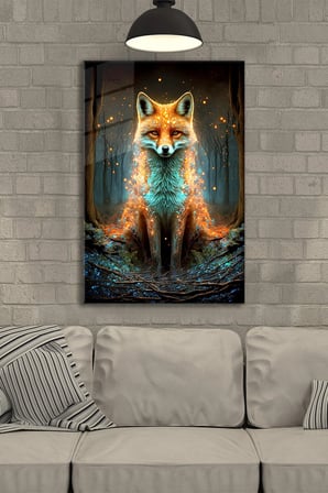 Tilki Maskot Cam Tablo | Modern Duvar Dekoru | UV Baskılı Canlı Renkler | Kafe ve Ofis İçin | Yeni Ev Hediyesi | 4mm Kırılmaz Cam | Yatak Odası ve Antre