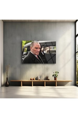 Atatürk Asılmaya Cam Tablo | Modern Duvar Dekoru | Solmayan Canlı Renkler | Salon ve Oturma Odası | Yeni Ev Hediyesi | 4mm Kırılmaz Cam
