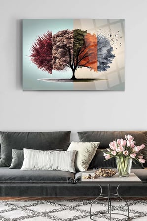 Dört Mevsim Ağaç Cam Tablo | Modern Duvar Dekoru | Solmayan Canlı Renkler | Ofis ve Çalışma Odası | Yeni Ev Hediyesi | 4mm Kırılmaz Cam