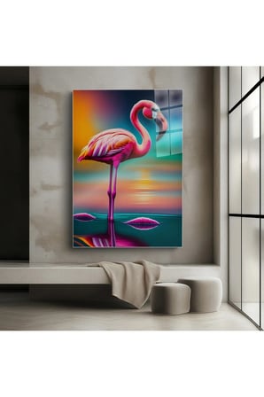 Flamingo Cam Tablo | Modern Duvar Dekoru | Solmayan Canlı Renkler | Mutfak ve Yemek Alanı | Yeni Ev Hediyesi | 4mm Kırılmaz Cam | Dayanıklı Cam Yapı