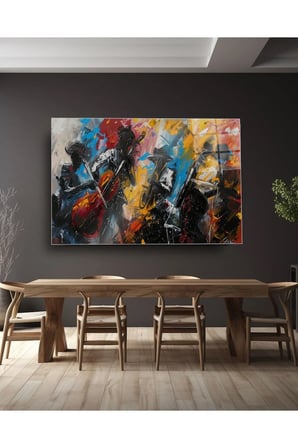 Enerjik Caz Grubu Soyut Cam Tablo | Modern Duvar Dekoru | Canlı Renkli Baskı | Ofis ve Çalışma Odası | Yeni Ev Hediyesi | 4mm Kırılmaz Cam