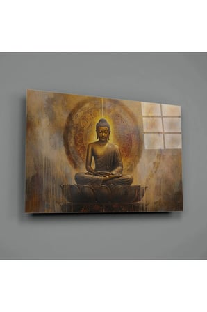 Altın Buddha Cam Tablo | Dekoratif Duvar Tablosu | UV Baskılı Canlı Renkler | Yatak Odası ve Antre | Doğum Günü Hediyesi | 4mm Kırılmaz Cam