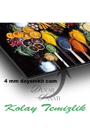 Kaşıklarda Baharatlar Mutfak Restaurant Cam Tablo | Modern Duvar Dekoru | Parlak ve Net Görüntü | Ev ve İş Yeri | Yeni Ev Hediyesi | 4mm Kırılmaz Cam