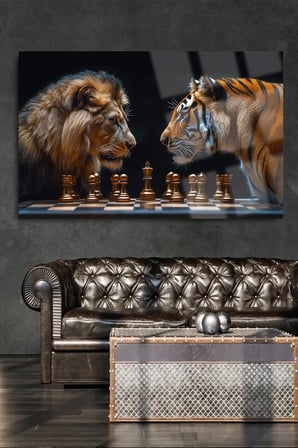 Aslan ve Kaplan Satranç Cam Tablo | Modern Sanat Tablosu | Solmayan Canlı Renkler | Ofis ve Çalışma Odası | Anlamlı Hediye Seçeneği | 4mm Kırılmaz Cam