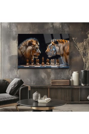 Aslan ve Kaplan Satranç Cam Tablo | Modern Sanat Tablosu | Solmayan Canlı Renkler | Ofis ve Çalışma Odası | Anlamlı Hediye Seçeneği | 4mm Kırılmaz Cam