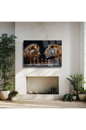 Aslan ve Kaplan Satranç Cam Tablo | Modern Sanat Tablosu | Solmayan Canlı Renkler | Ofis ve Çalışma Odası | Anlamlı Hediye Seçeneği | 4mm Kırılmaz Cam