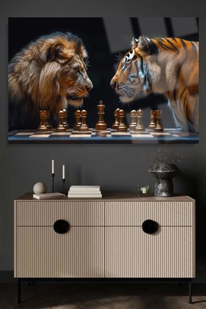 Aslan ve Kaplan Satranç Cam Tablo | Modern Sanat Tablosu | Solmayan Canlı Renkler | Ofis ve Çalışma Odası | Anlamlı Hediye Seçeneği | 4mm Kırılmaz Cam