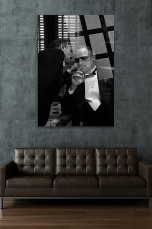 God Father Siyah Beyaz Cam Tablo | Modern Sanat Tablosu | Solmayan Canlı Renkler | Salon ve Oturma Odası | Anlamlı Hediye Seçeneği | 4mm Kırılmaz Cam