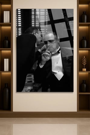 God Father Siyah Beyaz Cam Tablo | Modern Sanat Tablosu | Solmayan Canlı Renkler | Salon ve Oturma Odası | Anlamlı Hediye Seçeneği | 4mm Kırılmaz Cam