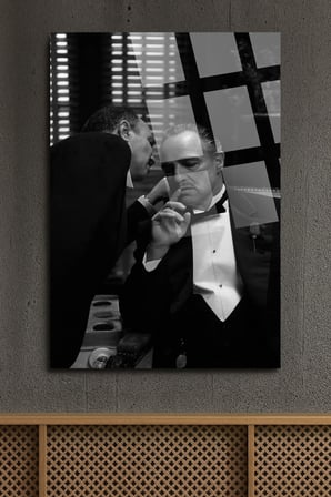 God Father Siyah Beyaz Cam Tablo | Modern Sanat Tablosu | Solmayan Canlı Renkler | Salon ve Oturma Odası | Anlamlı Hediye Seçeneği | 4mm Kırılmaz Cam