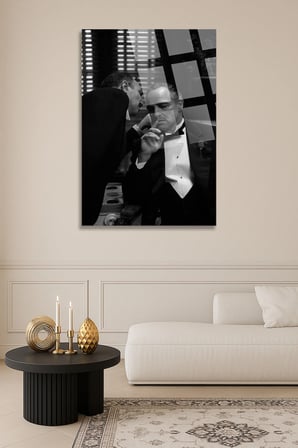 God Father Siyah Beyaz Cam Tablo | Modern Sanat Tablosu | Solmayan Canlı Renkler | Salon ve Oturma Odası | Anlamlı Hediye Seçeneği | 4mm Kırılmaz Cam