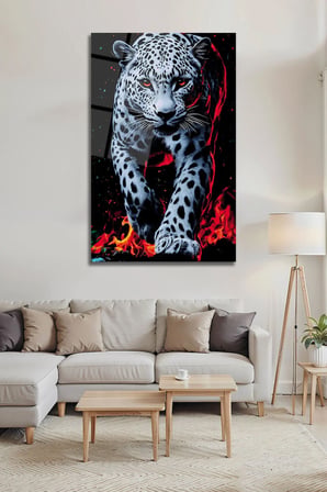 Leopar Desenli Ateş Temalı Dekoratif Cam Tablo Modern Duvar Dekoru Kırılmaz Cam | Hayvan Figürlü Dekoratif Duvar Tablosu, Salon, ofis ve çalışma alanı dekoru,