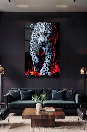 Leopar Desenli Ateş Temalı Dekoratif Cam Tablo Modern Duvar Dekoru Kırılmaz Cam | Hayvan Figürlü Dekoratif Duvar Tablosu, Salon, ofis ve çalışma alanı dekoru,
