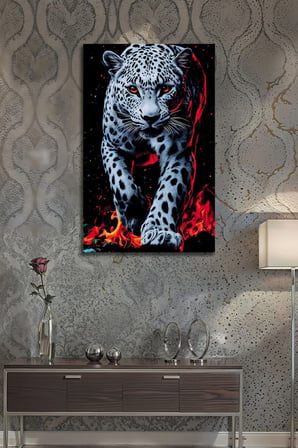 Leopar Desenli Ateş Temalı Dekoratif Cam Tablo Modern Duvar Dekoru Kırılmaz Cam | Hayvan Figürlü Dekoratif Duvar Tablosu, Salon, ofis ve çalışma alanı dekoru,