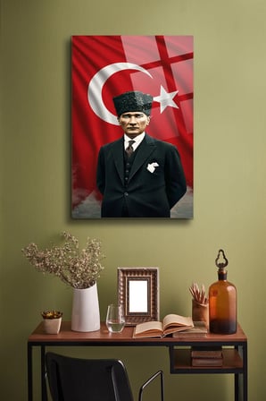 Atatürk Cam Tablo Portre Cam Tablo Duvar Dekoru Atatürk Portresi Kırılmaz Cam Solmaz Baskı 010 | Atatürk Temalı Dekoratif Duvar Tablosu, Salon, ofis ve çalışma alanı dekoru,