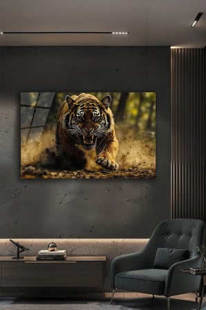 Modern Dekoratif Kaplan Temalı Cam Tablo Kırılmaz Temperli Ofis ve Salon İçin Vahşi Doğa Tablosu | Hayvan Figürlü Dekoratif Duvar Tablosu, Salon, ofis ve çalışma alanı dekoru,