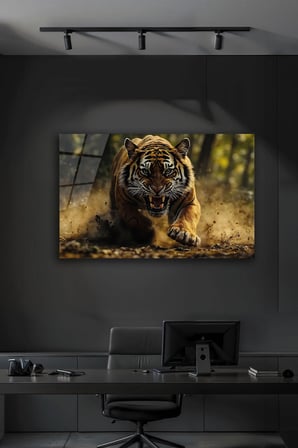 Modern Dekoratif Kaplan Temalı Cam Tablo Kırılmaz Temperli Ofis ve Salon İçin Vahşi Doğa Tablosu | Hayvan Figürlü Dekoratif Duvar Tablosu, Salon, ofis ve çalışma alanı dekoru,