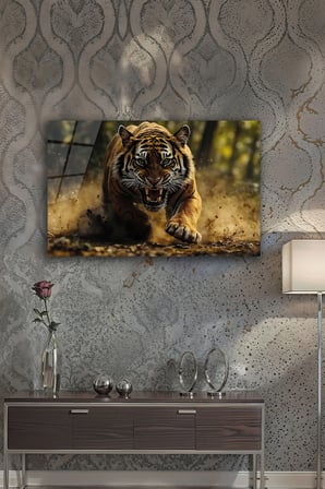 Modern Dekoratif Kaplan Temalı Cam Tablo Kırılmaz Temperli Ofis ve Salon İçin Vahşi Doğa Tablosu | Hayvan Figürlü Dekoratif Duvar Tablosu, Salon, ofis ve çalışma alanı dekoru,