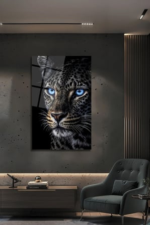 Mavi Gözlü Leopar Dekoratif Cam Tablo Vahşi Doğa Modern Duvar Dekoru Kırılmaz Temperli Cam | Hayvan Figürlü Dekoratif Duvar Tablosu, Salon, ofis ve çalışma alanı dekoru,
