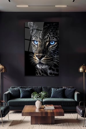 Mavi Gözlü Leopar Dekoratif Cam Tablo Vahşi Doğa Modern Duvar Dekoru Kırılmaz Temperli Cam | Hayvan Figürlü Dekoratif Duvar Tablosu, Salon, ofis ve çalışma alanı dekoru,