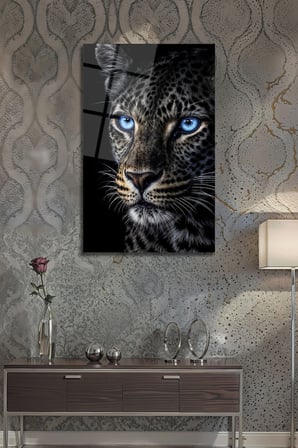 Mavi Gözlü Leopar Dekoratif Cam Tablo Vahşi Doğa Modern Duvar Dekoru Kırılmaz Temperli Cam | Hayvan Figürlü Dekoratif Duvar Tablosu, Salon, ofis ve çalışma alanı dekoru,