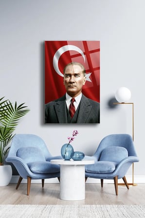 Atatürk Cam Tablo Portre Cam Tablo Duvar Dekoru Atatürk Portresi Kırılmaz Cam Solmaz Baskı 005 | Atatürk Temalı Dekoratif Duvar Tablosu, Salon, ofis ve çalışma alanı dekoru,