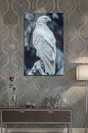 Dekoratif Beyaz Kartal Temalı Temperli Cam Tablo Ofis Ve Ev Duvar Dekoru Kırılmaz Cam Tablo | Doğa ve Manzara Temalı Dekoratif Duvar Tablosu, Salon, yatak odası ve ofis dekoru, 30x45 cm