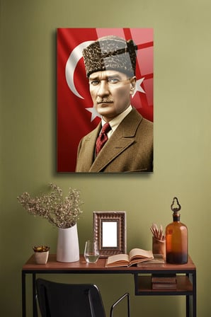 Atatürk Cam Tablo Portre Cam Tablo Duvar Dekoru Atatürk Portresi Kırılmaz Cam Solmaz Baskı 031 | Atatürk Temalı Dekoratif Duvar Tablosu, Salon, ofis ve çalışma alanı dekoru,
