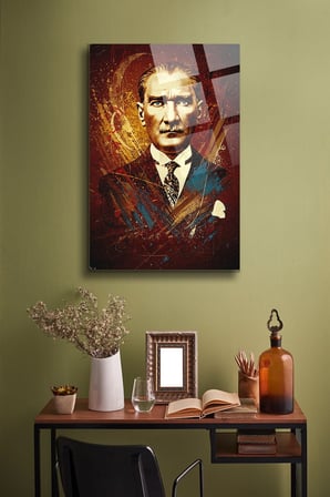 Atatürk Cam Tablo Portre Cam Tablo Duvar Dekoru Atatürk Portresi Kırılmaz Cam Solmaz Baskı 027 | Atatürk Temalı Dekoratif Duvar Tablosu, Salon, ofis ve çalışma alanı dekoru,