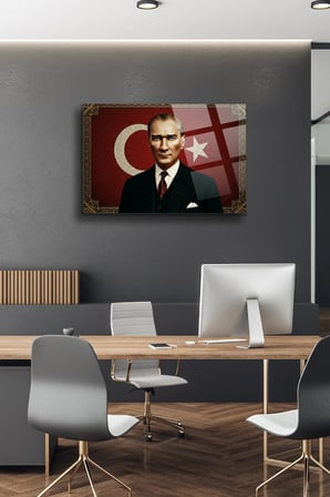 Atatürk Cam Tablo-Portre Cam Tablo Duvar Dekoru Atatürk Portresi Kırılmaz Cam Solmaz Baskı | Atatürk Temalı Dekoratif Duvar Tablosu, Salon, ofis ve çalışma alanı dekoru,