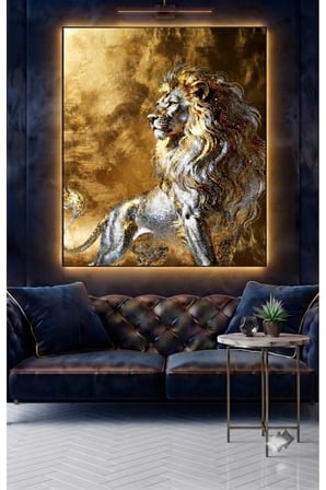 4MM TAMPERLİ UV BASKI KIRILIMAZ CAM TABLO EV OFİS DUVAR DEKOR HEDİYELİK TABLO Luxury Premium Aslan Altın Gümüş Canlı Sağlam Gerçek Cama