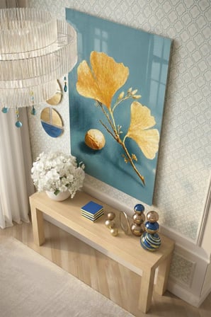 Kırılmaz Cam Tablo 5mm (Kalın) - Ev İşyeri Duvar Dekorasyonu - Ginkgo Biloba Tasarımlar (DİKEY) - Yaprak Bitki Botanik Zen Salon Yatak Odası Temperli UV Baskılı Hediyelik