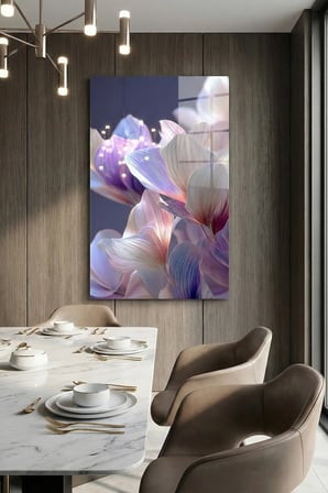 Kırılmaz Cam Tablo 5mm (Kalın) - Ev İşyeri Duvar Dekorasyonu - Soyut ÇİÇEK Tasarımlar (DİKEY) - Botanik Floral Zarif Pastel Salon Yatak Odası Temperli UV Baskılı Hediyelik