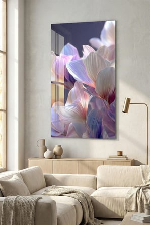 Kırılmaz Cam Tablo 5mm (Kalın) - Ev İşyeri Duvar Dekorasyonu - Soyut ÇİÇEK Tasarımlar (DİKEY) - Botanik Floral Zarif Pastel Salon Yatak Odası Temperli UV Baskılı Hediyelik