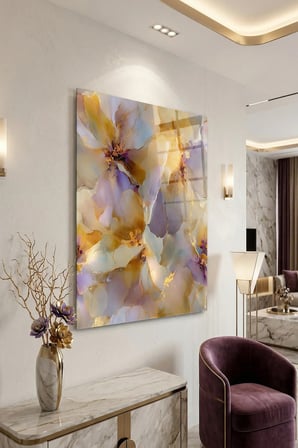Kırılmaz Cam Tablo 5mm (Kalın) - Ev İşyeri Duvar Dekorasyonu - Soyut ÇİÇEK Tasarımlar (DİKEY) - Botanik Floral Zarif Pastel Salon Yatak Odası Temperli UV Baskılı Hediyelik