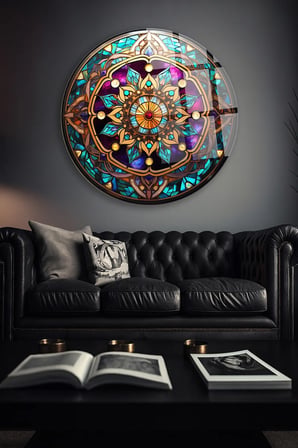 Vitray Mandala Daire Deseni Yuvarlak Cam Tablo | Modern Sanat Tablosu | Solmayan Canlı Renkler | Salon ve Oturma Odası | Anlamlı Hediye Seçeneği